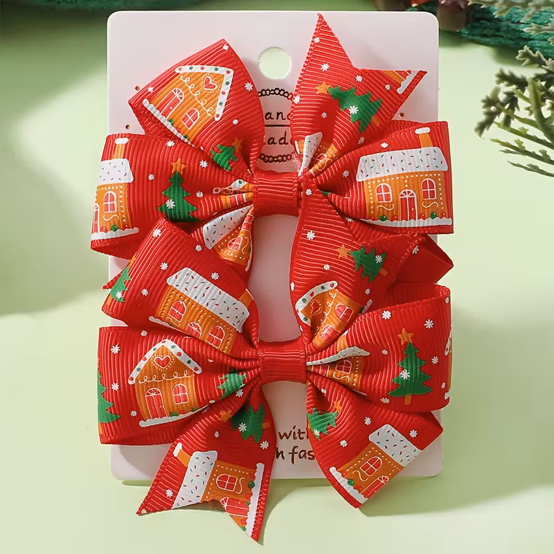 Christmas Hair Bows, 2 Pack Santa Claus and Snowflake Ribbon Clips for Holiday Parties & Decorations