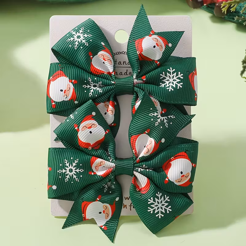 Christmas Hair Bows, 2 Pack Santa Claus and Snowflake Ribbon Clips for Holiday Parties & Decorations