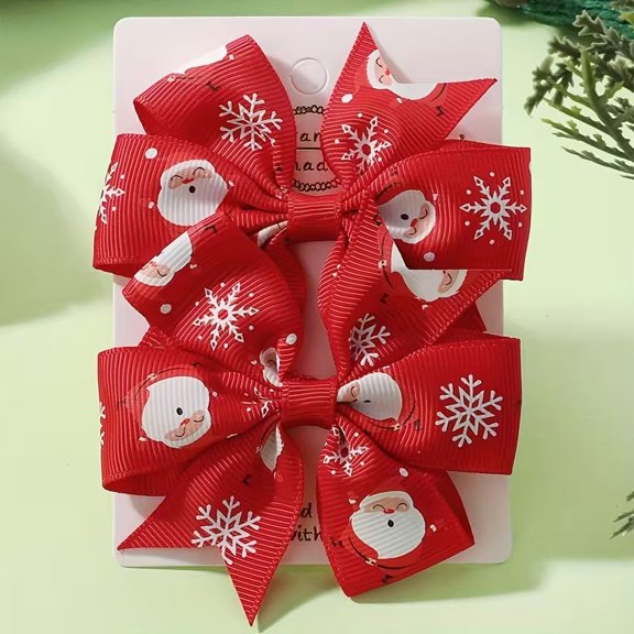 Christmas Hair Bows, 2 Pack Santa Claus and Snowflake Ribbon Clips for Holiday Parties & Decorations