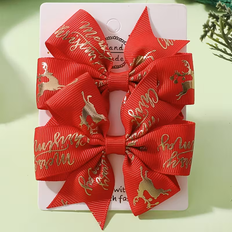 Christmas Hair Bows, 2 Pack Santa Claus and Snowflake Ribbon Clips for Holiday Parties & Decorations