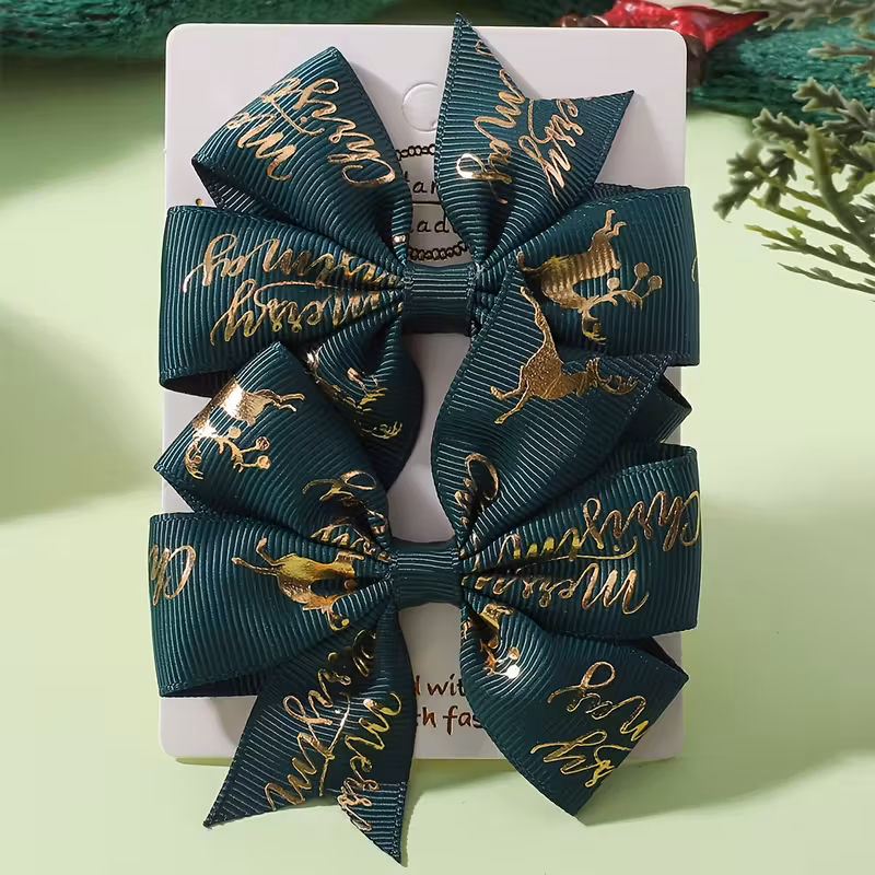 Christmas Hair Bows, 2 Pack Santa Claus and Snowflake Ribbon Clips for Holiday Parties & Decorations