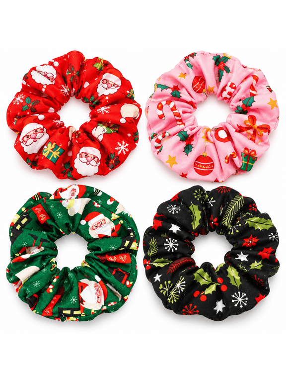 Christmas Hair Scrunchies, 4 Pack, Green and Pink Elastic Ponytail Holders with Assorted Holiday Prints