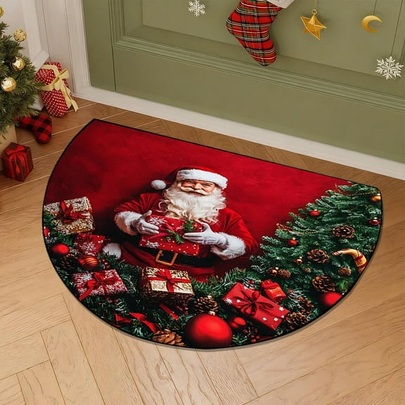 Christmas Half Round Door Mat with Christmas Tree Gifts and Santa Claus Printing, Non-Slip Durable Floor Mats for Christmas Indoor Entrance Decorations 23.62x19.69 Inch Multicolor