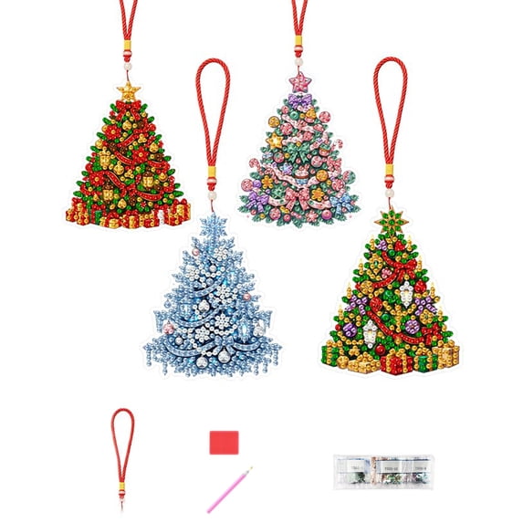 Christmas Halloween DIY Rhinestone Diamond Painting Ornament Set, 4‑Pack Hanging Art Decor for Tree Window, Sparkling Beginner Friendly Holiday Craft Kit (Christmas tree)
