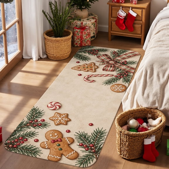 Christmas Hallway Runner Rug, Gingerbread and Candy Cane Pattern, Non-Slip Rubber Backing for Kitchen and Entryway