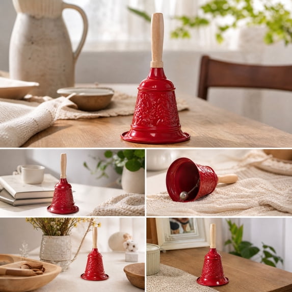 Christmas Hand Bell with Wooden Handle, Embossed Metal Vintage Service Call, Festive Holiday Decor for Wedding, Party, Home, Tabletop Seasonal Display