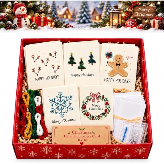 Christmas Hand Embroidery Card DIY Kit, 5-Design Beginner Stitching Set ...