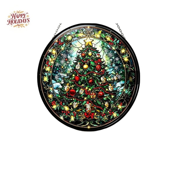 Christmas Hand-Painted Light Catcher Ornaments, Round Xmas Tree Snowman Reindeer Window Hanging Decor, Indoor Outdoor Holiday Sun Catcher Decor for Home Window, Wall, Party Decoration