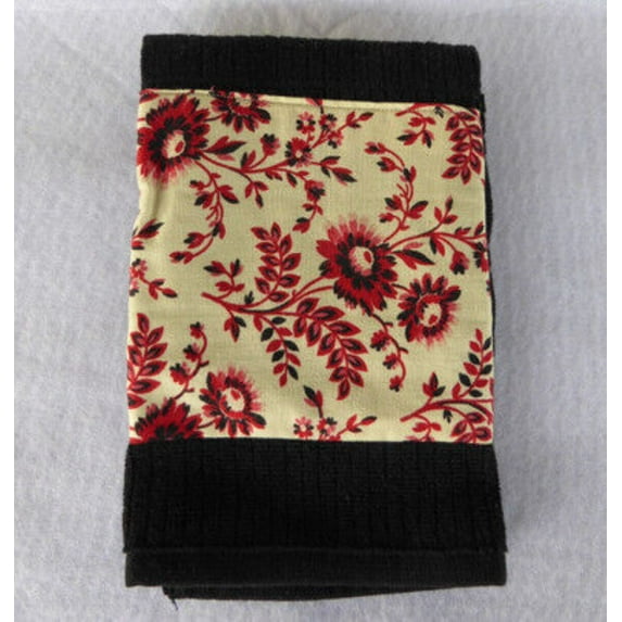 Christmas Hand Towel Black Cotton Terry with Red and Black Flowers