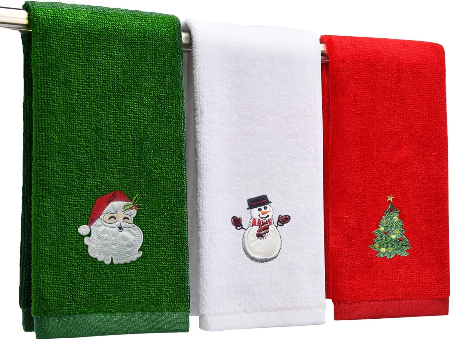 Christmas Hand Towels 16 x 25 Inch, Pure Cotton Soft Towels for Drying &amp; Cleaning, Xmas Claus Snowman Trees for Bathroom Kitchen Wash Basin,Holiday Home Decor Set of 3(Red, White,Green)