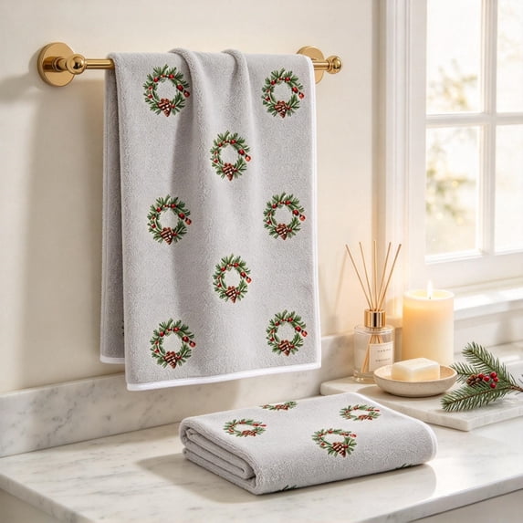 Christmas Hand Towels for Bathroom, 2Pcs Christmas Kitchen Towels, Floral Wreath Print Decorative Christmas Towels for Drying Cleaning Cooking Winter Holiday