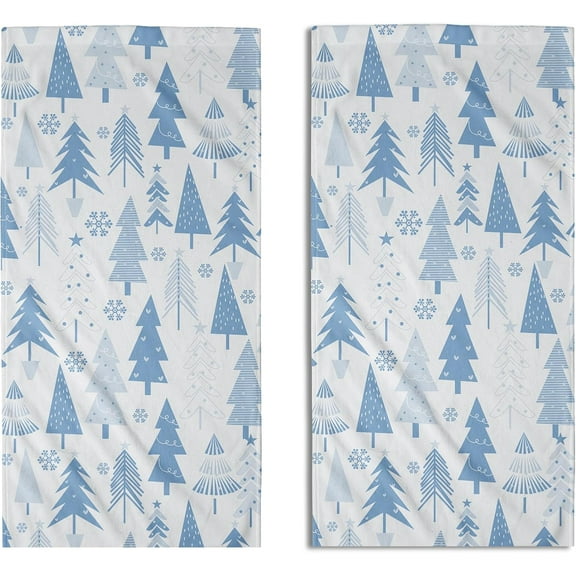Christmas Hand Towels for Bathroom Set of 2 Light Blue White Xmas Tree Snowflake Print Winter Holiday Theme Decorative Handtowels Soft Absorbent Bath Towel for Home Guest Room Hotel Gym Spa