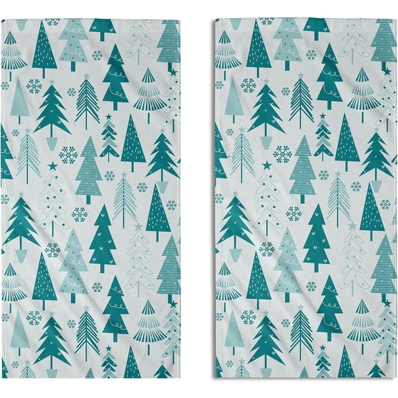 Christmas Hand Towels for Bathroom Set of 2 Teal White Xmas Tree Snowflake Print Winter Holiday Theme Decorative Handtowels Soft Absorbent Bath Towel for Home Guest Room Hotel Gym Spa