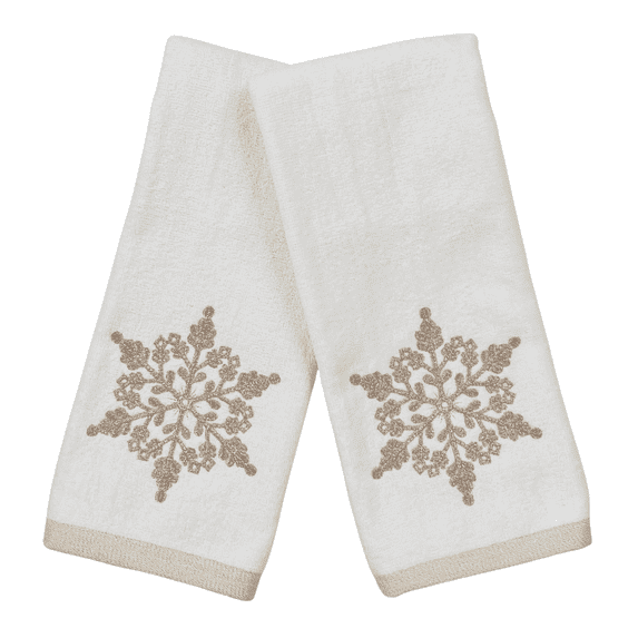 Serafina Home Christmas Hand Towels for Bathroom – Set of 2 White 100% Cotton Embroidered Gold Snowflake Design with Beige Border – 25 x 16 Festive Bath and Kitchen Holiday Decor