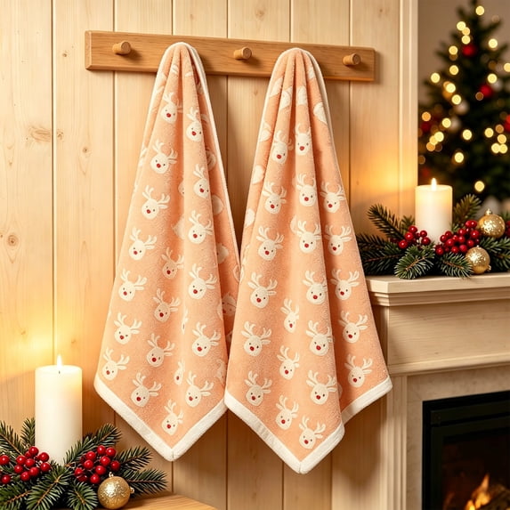 Christmas Hand Towels Set of 2 Soft Absorbent Reindeer Pattern Kitchen Bathroom Towels Holiday Decorative Winter Home Decor for Family Use by Akmoler