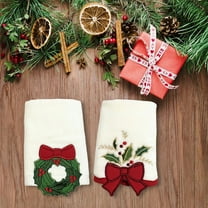 Christmas Hand Towels Set of 2 - White Embroidered Wreath Bow Cotton Towels for Kitchen Bath Holiday Decor Gift White