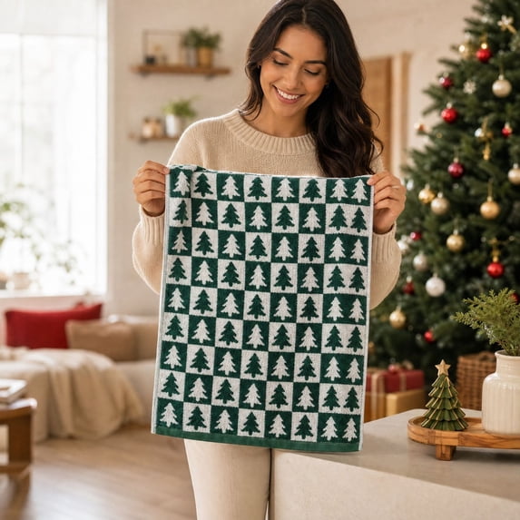 Christmas Hand Towels, Trees Bath Hand Towels, Winter Soft Absorbent Tea Towel, for Home Kitchen Bathroom Decor, Winter Xmas Gift,29.5"x13.8"(Green)