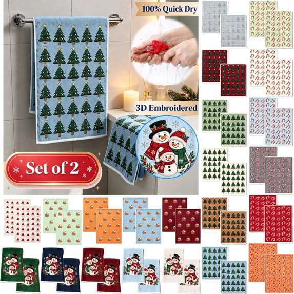 Christmas Hand Towels for Bathroom Set of 2, 100% Quick Dry, 3D Embroidered, 15.7"x23.6", Blue