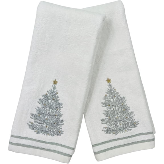 Serafina Home Christmas Hand Towels for Bathroom- Set of 2 White 100% Cotton Embroidered Silver Christmas Tree Design- 25x16 Bath and Kitchen Holiday Decor