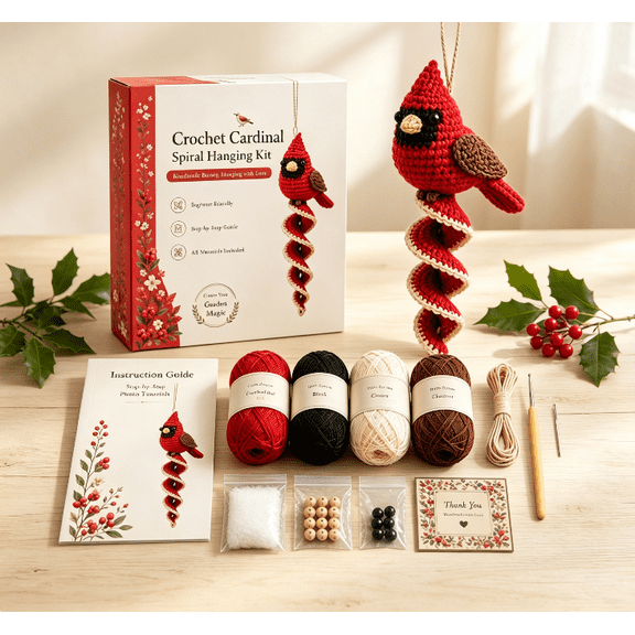 Christmas Handcraft Crochet Kit to Create Cardinal Spiral Hanging Decor Full Set of Yarn Tools and Instruction Included for Craft Projects (Cardinal)