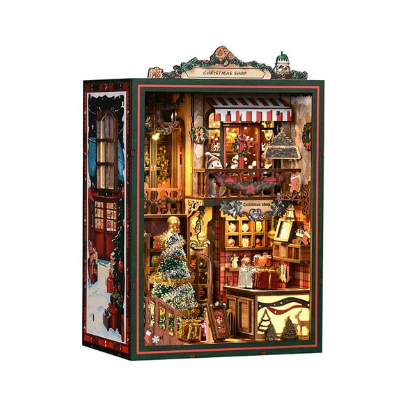 Christmas Handmade Book Nook Puzzle - DIY 3D Wooden House Assembly Model, Creative Bookend Decoration Gift