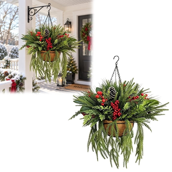 Christmas Hanging Basket, Artificial Faux Greenery Hanging Planter with Red Berries and Pinecone, Pre-Assembled Winter Hanging Floral Arrangement for Front Porch Patio Outdoor Christmas Decor