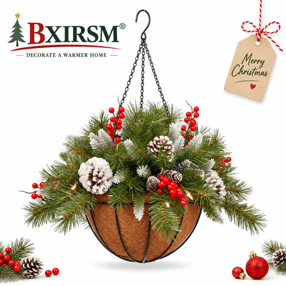 Christmas Hanging Basket Planter with Pine Cones, Red Berries, Snowy Needles, Pre-Lit LED, Semi-Circular Tree Design, Holiday Porch Decor