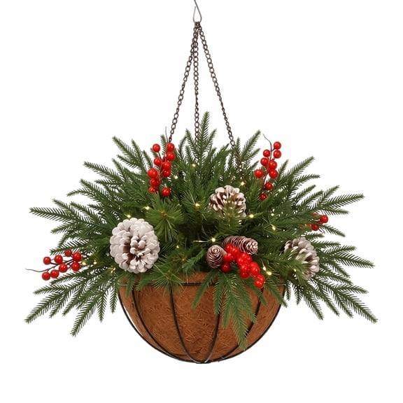 Christmas Hanging Basket Planter with Pine Cones, Red Berries, Snowy Needles, Pre-Lit LED, Semi-Circular Tree Design, Holiday Porch Decor