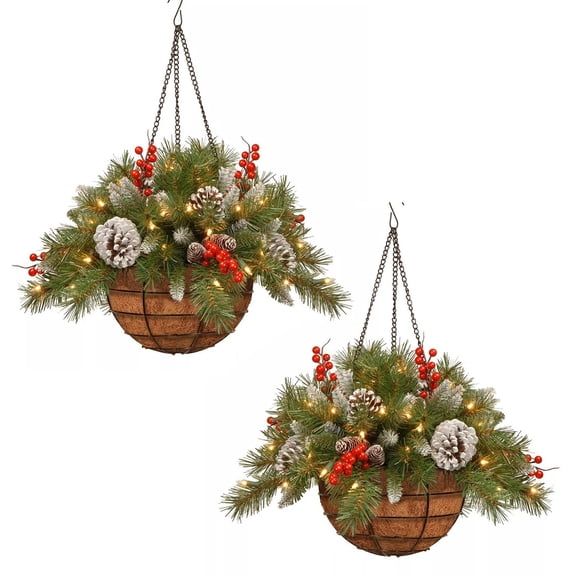 Christmas Hanging Basket with Lights, Pine Cones & Red Berries