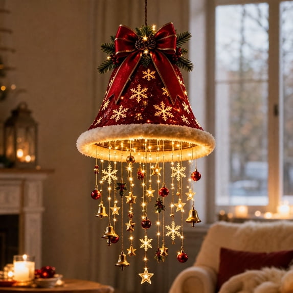 Christmas Hanging Bell Ornament with LED Lights, Red Xmas Bell Decor with Bow Pinecone Snowflake Star Balls Bells, Lighted Christmas Hanging Decoration for Home Wall Door Window Holiday Party