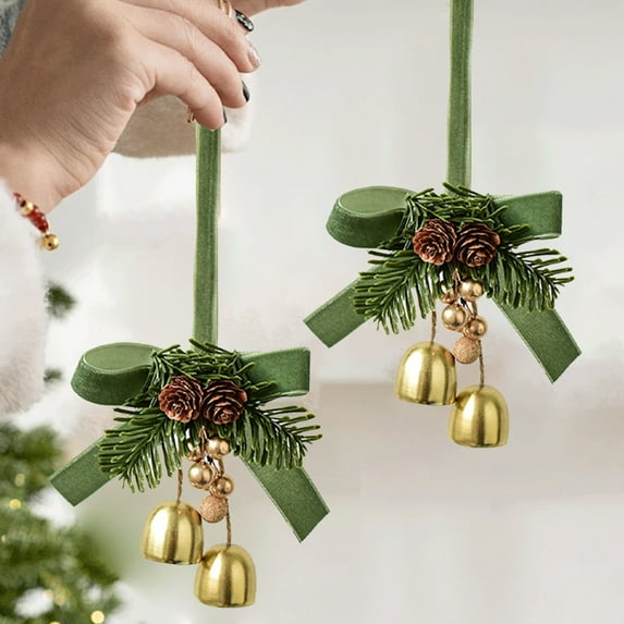 Christmas Hanging Bells Decoration with Velvet Bow and Pine Cone, Small Jingling Ornament for Tree Home Gift(Green)