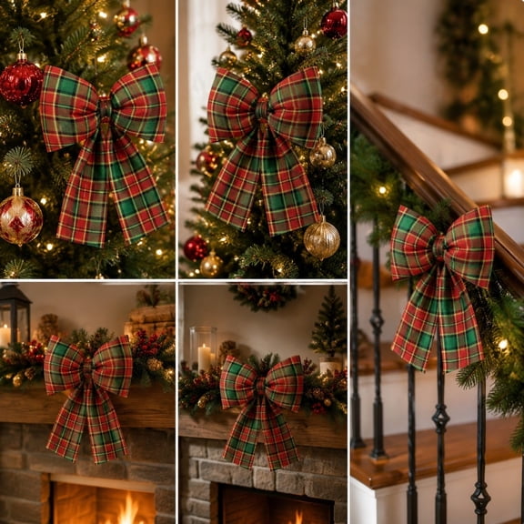 Christmas Hanging Bow, Plaid Tree Decoration, Large Ribbon Accent for Tree Wreath Window Door Wall and Store Display, Fabric Structured Fabric Loops with Long Tails and Attached Decor