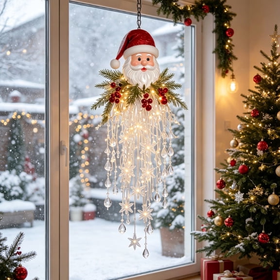 Christmas Hanging Crystal Waterfall Light, 17" Santa Claus Crystal Led Snowflake Lights Pendant Ornament, Glow LED Hanging Holiday Decoration, Porch Window Use, Christmas Home Decorations