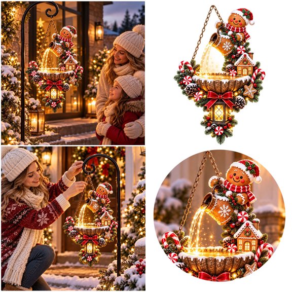 Christmas Hanging Lantern Gingerbread Man Figurine, Candy Cane Glowing Waterfall Ornament, Whimsical Christmas Decor for Porch Patio Yard Garden Use