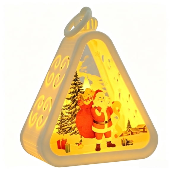 Christmas Hanging Night Light – Triangular LED Lamp with Tree, Santa & Snowman Pattern, Warm White Glow, Battery Operated Desktop Decor for Xmas Home