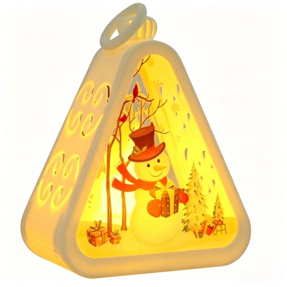 Christmas Hanging Night Light – Triangular LED Lamp with Tree, Santa & Snowman Pattern, Warm White Glow, Battery Operated Desktop Decor for Xmas Home