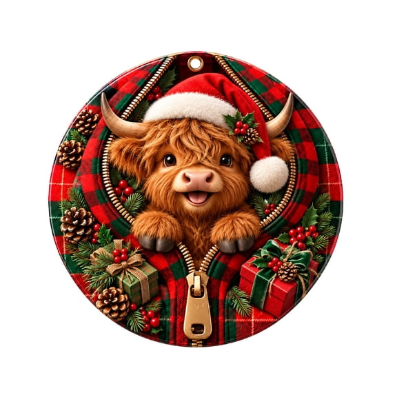 Christmas Hanging Ornament Plaid Round Hanging Decoration with Gold Zipper Design for Home Party Winter Gift Tie Xmas Tree Decor 3.15 In Highland Cow