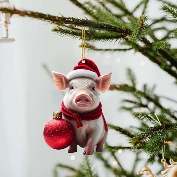 Christmas Hanging Ornaments, 2D Acrylic Pig Ornament for Christmas Tree, Santa Hat Pig Christmas Tree Ornament Car Ornament, Christmas Tree Pendants for Xmas Tree Party Home Decorations