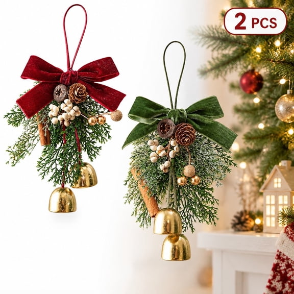 Christmas Hanging Ornaments, Red and Green Bow Bell Decor with Cinnamon and Pine Accents, 2 Piece Set