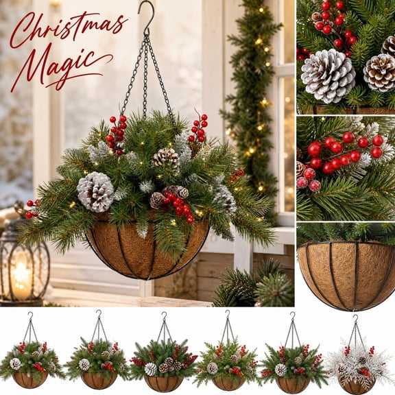 Christmas Hanging Planter Decoration, Artificial Pine, Pinecone and Red Berry Semicircular Basket with Hanging Chain for Front Door and Holiday Display