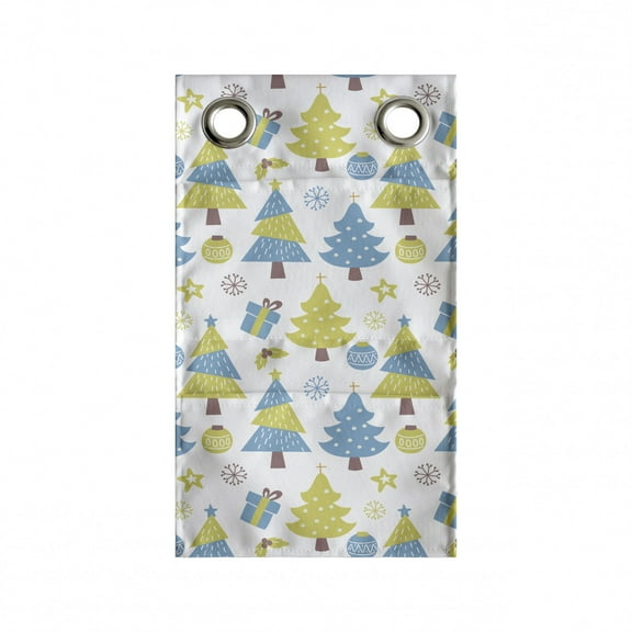 Christmas Hanging Pocket Organizer, Trees and Presents with Ornaments, Printed Polyester Storage Bag with Pockets, 9" x 27", Sky Blue Yellow Green