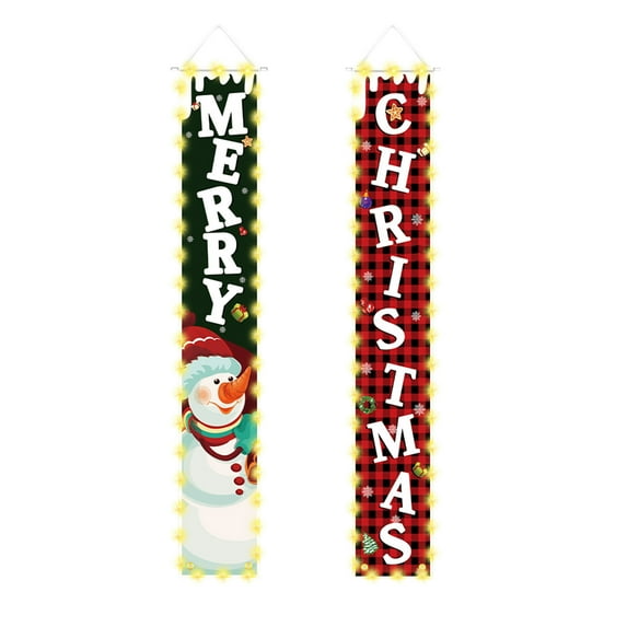Christmas Hanging Porch Signs Banner with LED String Light, Snowman and Santa Xmas Banner for Indoor Outdoor Home Garage Wall Holiday Party Decorations