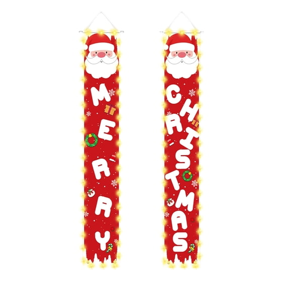 Christmas Hanging Porch Signs Banner with LED String Light, Snowman and Santa Xmas Banner for Indoor Outdoor Home Garage Wall Holiday Party Decorations