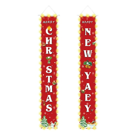 Christmas Hanging Porch Signs Banner with LED String Light Christmas Door Banner for Indoor Outdoor Home Garage Wall Holiday Party Decorations (D)