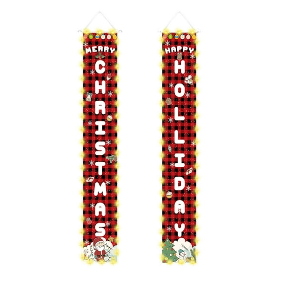 Christmas Hanging Porch Signs Banner with LED String Light Door Banner Xmas Banner for Indoor Outdoor Home Garage Wall Holiday Party Decorations