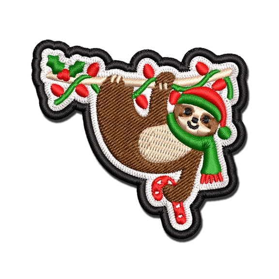 Christmas Hanging Sloth with Candy Cane Applique Multi-Color Embroidered Hook & Loop Patch - 3.5 Inch Large
