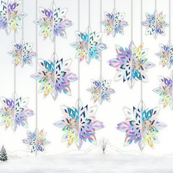 Christmas Hanging Snowflakes Decorations 3D Iridescent Paper for Party 12 Pcs