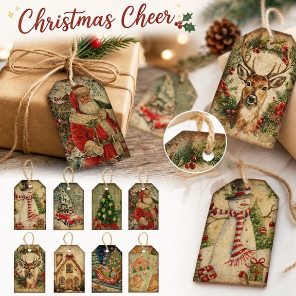 Christmas Hanging Tag Ornaments with Jute Rope, Rustic Farmhouse Style for Fireplace Mantel Table Setting, Polyester Semi-Gloss Cards, Foldable Reusable Holiday Gift Tags and Decor