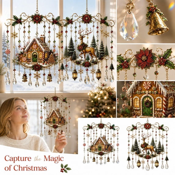 Christmas Hanging Wind Chime, Gingerbread House Decor, Candy Cane Christmas Decorations, Indoor Christmas Decorations, 8X7 Inch Ornate Gold Framed Faceted Crystal Hanging Ornament