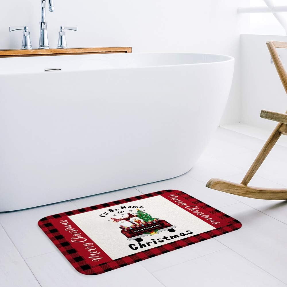 Christmas Happy Gnome in Red Truck Christmas Tree Indoor Doormat Non